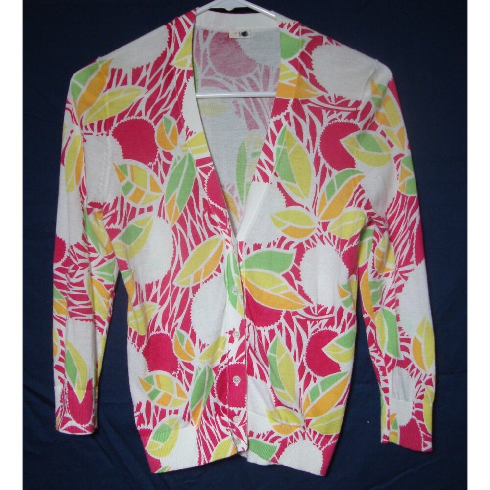 J Crew Floral Summer Print Cardigan Sweater Child SZ 12 Pink Yellow Cotton
